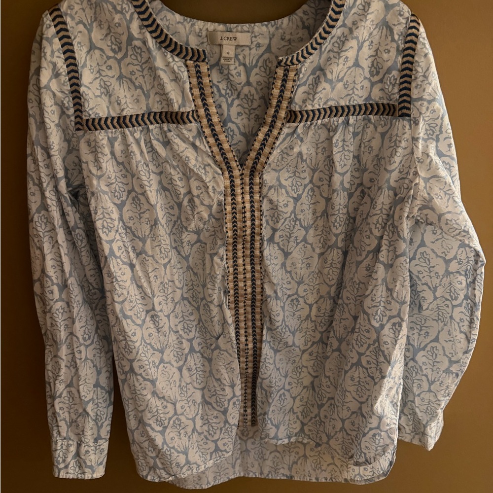 J. Crew White and Blue Floral Blouse